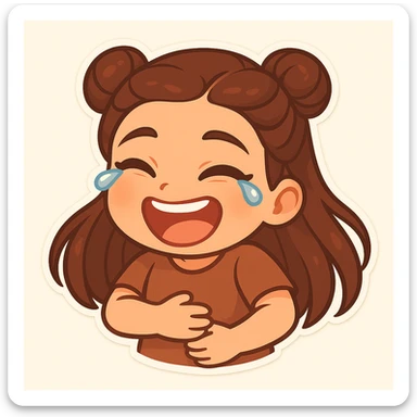 Create a chibi sticker of the girl laughing hard, holding her stomach with tears of laughter, joyful and lively, featuring the double bun hairstyle as shown in the reference image. sticker