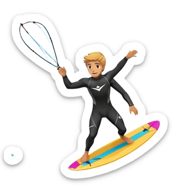 An athlete in a wetsuit riding a kiteboard, soaring over the sea waves with the kite high in the sky. The background features a vibrant blue sky and crashing ocean waves, capturing the thrill and freedom of kitesurfing in dynamic motion. sticker