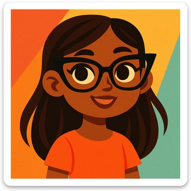 young brown girl with long dark brown hair, dark brown eyes, wearing black squared cat eye glasses sticker