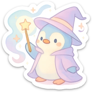 pastel toon style wizard penguin with a magical aura sticker