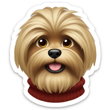 Create old shitzu blonde colored with brown nose and Chewbacca look. Red sweater turtleneck. Disheveled face  sticker