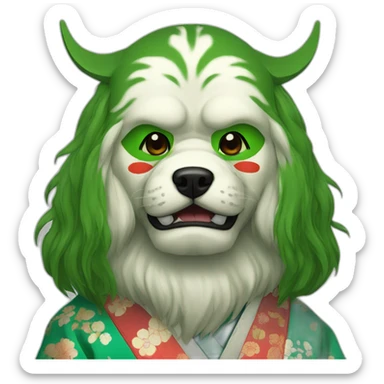 massive-guy-noh-dog-mask-green-longhair-japanese-kimono sticker