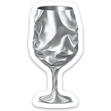 A reflective, very crinkled and wrinkled aluminum foil hides a wine glass shape, like a stemmed wine glass sticker