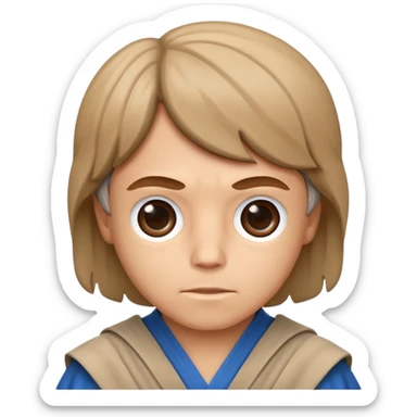 Emoji estilo Apple de un joven Jedi con túnica beige, ojos azules, cabello castaño claro y sable de luz azul. Luke Skywalker sticker
