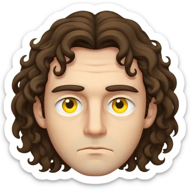 A man with sleppy eyes that are yellow with long to the neck curly brunnete hair who is a lil bit angry sticker
