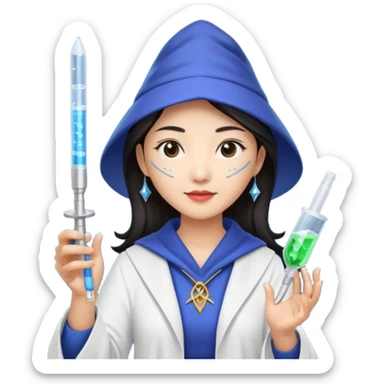 emoji of an asian woman wizard who wields a micropipette as a wand and a DNA helix spell coming from the pipette wand sticker