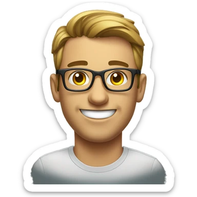 a geeky bachelor handsome guy who loves tech and social impact with a shirt "brinc" written on it sticker