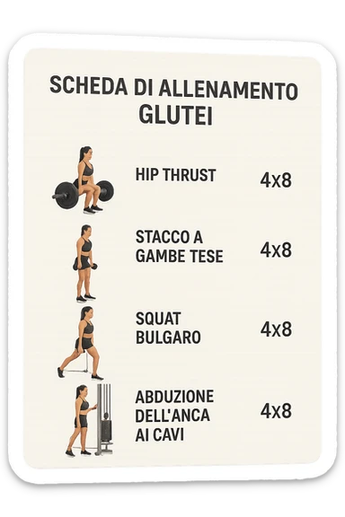 scheda di allenamento glutei in italiano con le reps scritte (tipo 4x8 ecc), iperrealistico 4k sticker