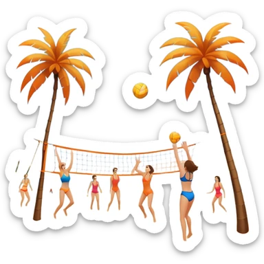 The scene captures a sunny beach atmosphere with clear blue sea and sky, palm trees swaying, and people in swimsuits enjoying the vibrant surroundings. A volleyball resting on the orange sand ground of a beach, with a volleyball net in the background.  sticker