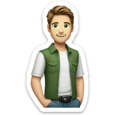 A young man with shoulder-length brown hair and green eyes holds a camera with a flash in his hands. Young man wearing a shirt sticker