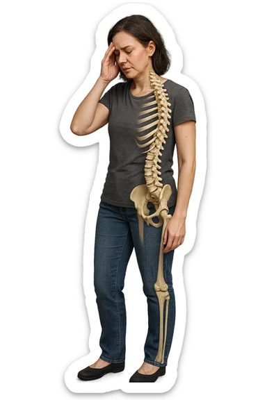 donna stanca a figura intera che si tiene una mano sulla tempia con spina dorsale anatomica visibile, iperrealistico 4k sticker