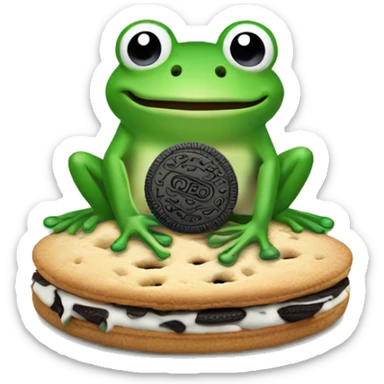 frog holding an oreo cookie and smiling. Only the frog's head and hand holding the oreo are visible.  sticker