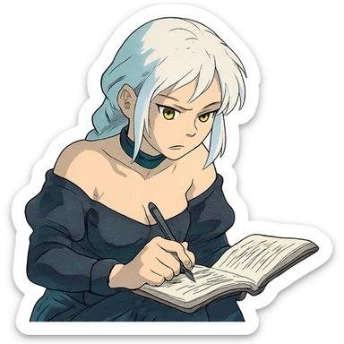  she is scribbling furiously in a notebook, a closeup portrait of young woman with gold yellow eyes, white hair, long braid, black off-shoulder top d-cup, punk gothic style, futuristic cyberwave cyberpunk, sitting position
 sticker