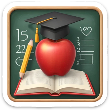 An icon featuring an open book, a pencil, and an apple, symbolizing education and pedagogy. The design includes a chalkboard with a lesson plan and a graduation cap, representing teaching and learning. Transparent background highlights the nurturing of knowledge and growth. sticker
