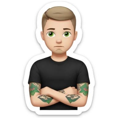 White young man with short dark taper fade hair cut and slight goatee and neutral expression with his arms folded. Green eyes and arm tattoos sticker
