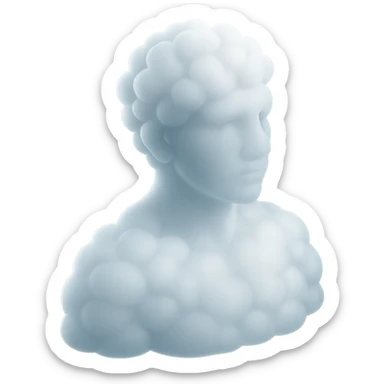 person looking straight, fully made of white fluffy convex clouds, shoulders up, no shadows, matte glass style sticker
