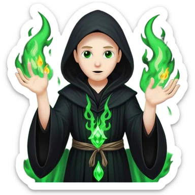 A dark sorcerer in flowing black robes, conjuring eerie green flames sticker