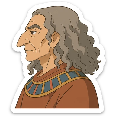 ghibli style profile portrait of an Egyptian historian with long curly grey hair, wearing an Egyptian cloak, large aquiline nose sticker