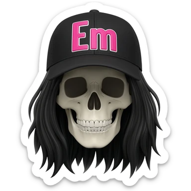 Create a skeleton head wearing a black baseball cap that says " Em " in pink, and white lettering, with long black hair sticker