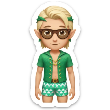 elf male legolas portrait, patterned board shorts (geometric/abstract), unique wooden-framed sunglasses, undercut hairstyle, slight smirk, visible pointy ears, no background, centered emoji, hipster summer vibe sticker