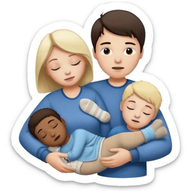 Create an emoji scene where a woman has fainted and a boy is making her smell his socks. Women sleep and boy smell his socks sticker