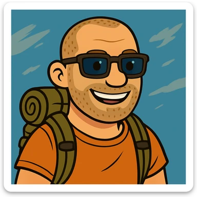 Make the bold man smile, keep the cartoon style, squared dark glasses, blue eyes, traveler vibe. sticker