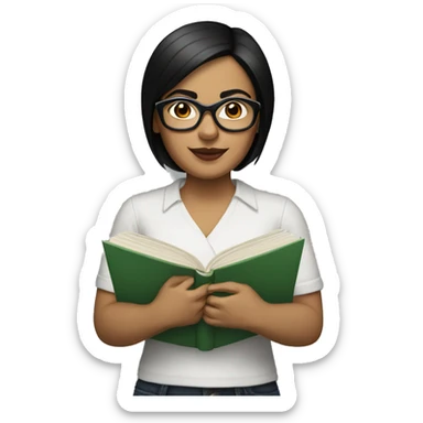 Hispanic woman with short straight black hair  and dark glasses with a book sticker