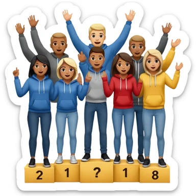 multi-racial men and women standing on a winners’ podium, no numbers displayed, all casually dressed in fun clothing like jeans and hoodies, very excited, fun, expressive emoji style sticker
