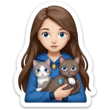 gorgeous Girl with light skin, blue eyes, long brown hair, wears a ravenclaw outfit, with a grey and white cat holding in her arms sticker