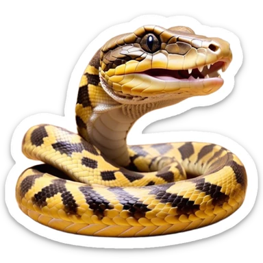 Cinematic Cute Yawning Python Portrait Emoji, Head tilted slightly with a dramatic, wide-open yawn, showcasing a sinuous, scaled form with drowsy, half-closed eyes and an open, relaxed mouth, Simplified yet irresistibly adorable features, highly detailed, glowing with a soft, cozy earthy glow, high shine, relaxed yet expressive, stylized with a dash of whimsical reptilian charm, soft glowing outline, capturing the essence of a drowsy yet affectionate python that appears ready to stretch out for a nap! sticker