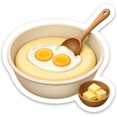 A cream ceramic baking bowl with a wooden spoon in it, next to it is a carton of eggs and butter sticker