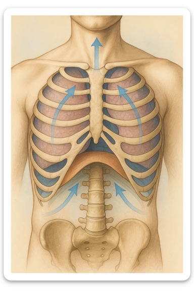 A realistic, high-quality anatomical illustration showing a human torso with visible rib cage and diaphragm. The ribs are shown in a decompressed, expanded state, allowing full lung expansion, while the diaphragm is depicted as relaxed and lowered, indicating deep, efficient breathing. Soft blue and warm tones highlight airflow and lung capacity, with light arrows illustrating the air movement during diaphragmatic breathing. The image conveys a sense of calm, openness, and optimal breathing mechanics, useful for physiotherapy, breathing education, and osteopathic learning contexts realistica sticker