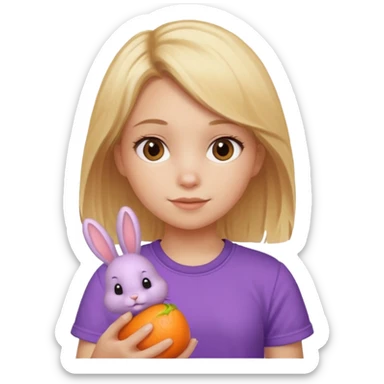 An onrghe bunny with a blond hair and a purpole shirt girl holding it sticker