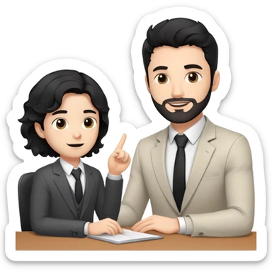 Professional 35-year-old man with black wavy hair, stubble, strong jawline, white skin tone, wearing smart casual business attire, sitting across from a young professional, providing one-on-one mentorship, gesturing with supportive and guiding expression sticker
