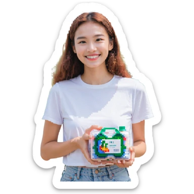 woman promoting a product to customers outdoors sticker