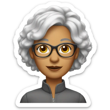 Femme de 55 ans avec cheveux gris blancs très court sans volume avec des lunettes de vue verres non teintés et pas très grande avec une corpulence maigre sticker