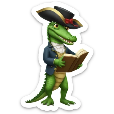 Crocodile wearing a colonial wig and high heels reading a book sticker