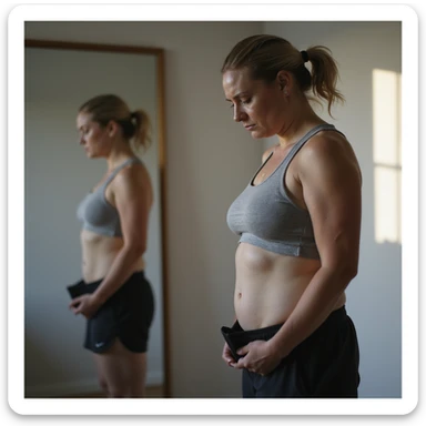 adult woman, photorealistic, unable to lose weight, despondent expression, standing in front of mirror, sportswear, natural light, bedroom background sticker