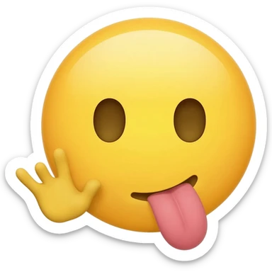 Make a emoji the is like a classic iPhone emoji so it is yellow and make it so the emoji is telling a secret so the hand is right next to the mouth but make the tongue stick out and make the head a circle with no body and the hand is open turned to the side like in a cup sticker