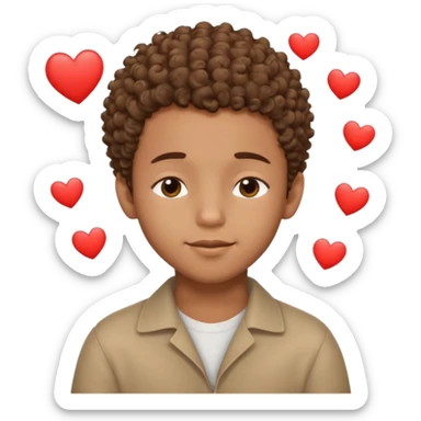 Brown boy with a dro fade haircut his hair is curly dreaming about his girlfriend small smirk on his face eyes closed with a little heart above his head sticker