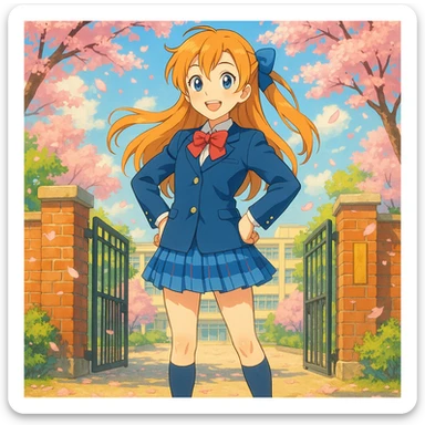 bright and cheerful anime schoolgirl standing confidently in front of her school gate during spring, cherry blossoms fluttering around, long light orange hair in a side ponytail with a blue ribbon, expressive blue eyes, warm smile, classic Japanese high school uniform with navy blue blazer, white blouse, red ribbon bow, blue checkered skirt, knee-high navy socks, brown loafers, vibrant 2D anime style inspired by Love Live!, lively background with high attention to color and lighting sticker