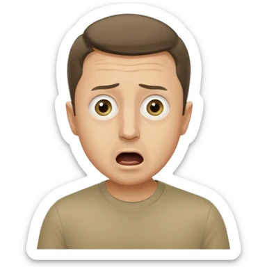 generate an emoji of Vladimir Zelensky in a khaki T-shirt. the emotion of intense surprise from fear. 4 different options sticker