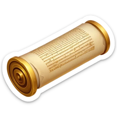 An emoji of an unrolled ancient scroll with glittering gold inscriptions. Tiny magical sparks float around it. A pure white background. sticker