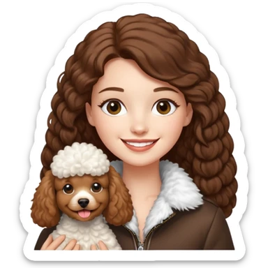 A white girl smiles a broad smile. She parts a long straight brown hair in middle. and she wears a white fur jacket. She also holds one brown poodle. sticker
