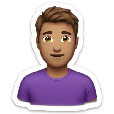 brown haired man with a purple t-shirt sticker