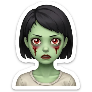Emoji zombie girl verde com cabelo preto curto com uma expressão impassivel sticker
