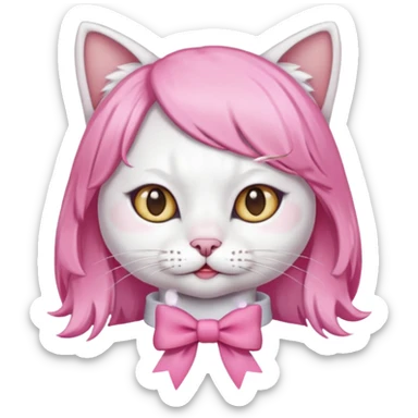 White cat wearing pink wig and bow sticker