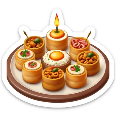 Tapas (4 Pintxos) Cinematic Realistic Tapas Dish Emoji, depicted as an assortment of 4 pintxos elegantly arranged on a plate, rendered with lifelike textures and vibrant, inviting lighting. sticker
