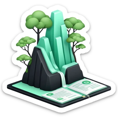 Environnement (Environment), 3D technical icon with black and mint green (#B5F4D3), environmental impact assessment document with regulatory compliance indicators and sustainability metrics sticker