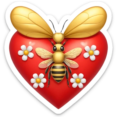 heart with flowers and bees, gold bow with heart pattern on the bow, apple emoji style sticker